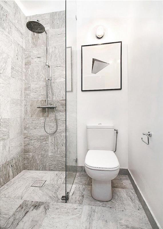 malá biela kúpeľňa s talianskou sprchou a vresovým sivým obkladom