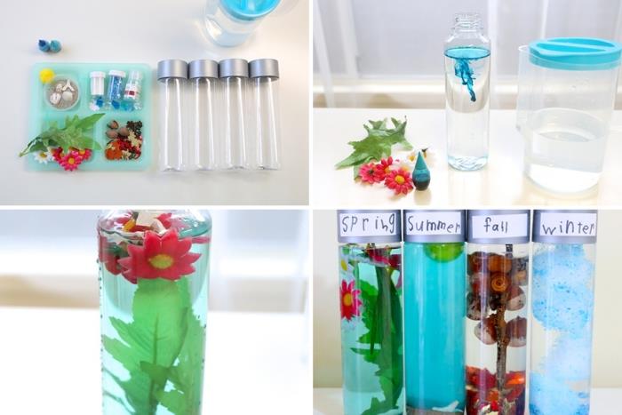 vad man ska göra i klassen med montessori, modeller av små glasflaskor fyllda med färgat vatten och små blommor