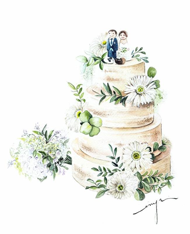 Vacker bild bröllopskort foto ritning illustration tårta