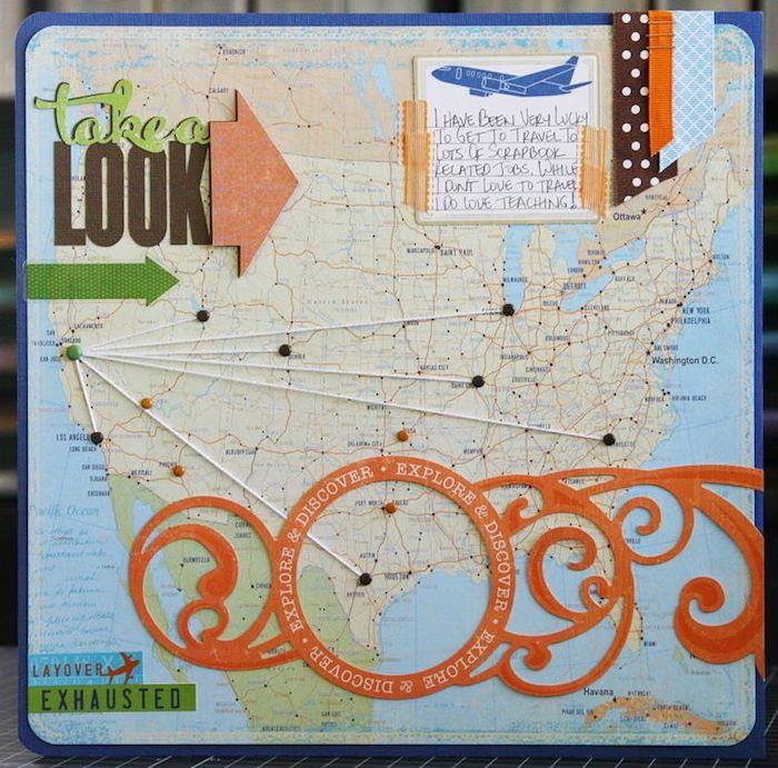 Scrapbook resebok omslag med karta över världen och destinationer att utforska, scrapbooking bok, scrapbooking resealbum fotografier