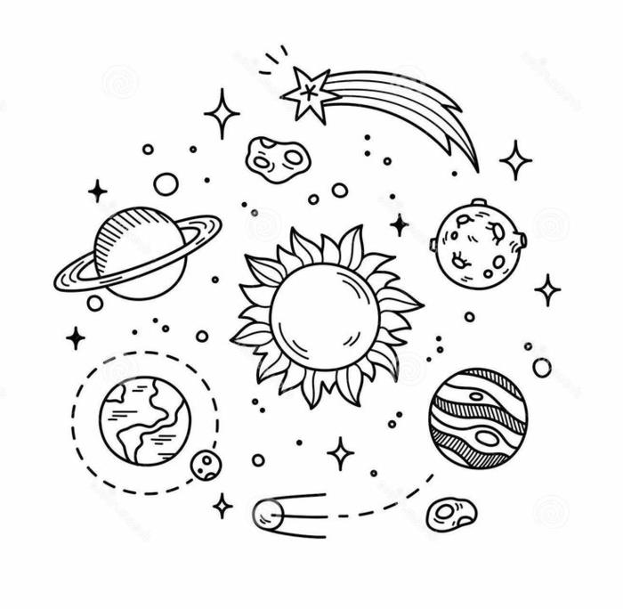 Svartvit ritning konstverk kvinna för att rita enkla svartvita planeter schema