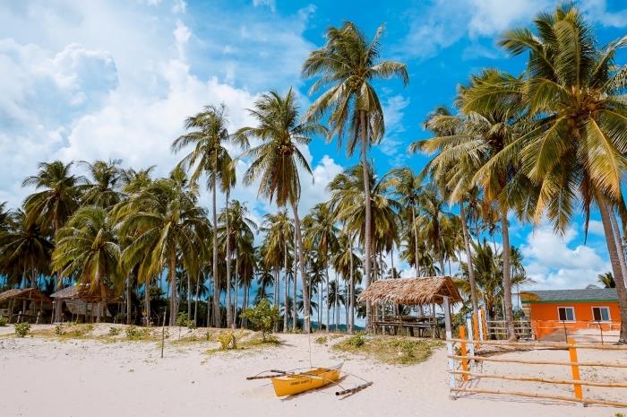 exotické tapety, fotografia tropického ostrova s ​​modrou oblohou a palmami na pláži so zlatým pieskom s malým dreveným domčekom