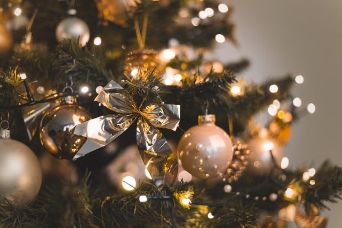 idé hur man dekorerar en snygg julgran med metallfärgade prydnader och ljusa kransar, jul dator tapet
