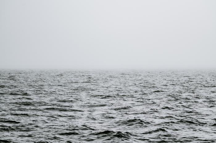 ett svartvitt foto av havet och horisonten dold av dimma, svartvit havsfotografering
