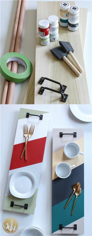 Regali fatti a mano، piatto di legno disegnato con colori، due manici di metallo colore nero