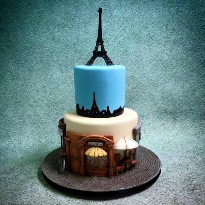 torta s eiffelovou vežou a maketou ulíc Paríža, personalizovaná narodeninová torta