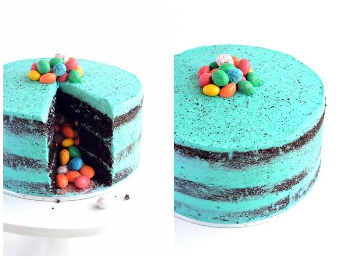 idé för en original special påsk pinata tårta med blå färgad smörkräm glasyr fylld med chokladägg