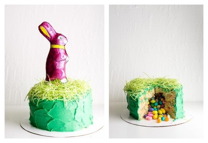original påsk pinata tårta täckt med grön konditorivaror och dekorerad med en chokladkanin som innehåller chokladägg