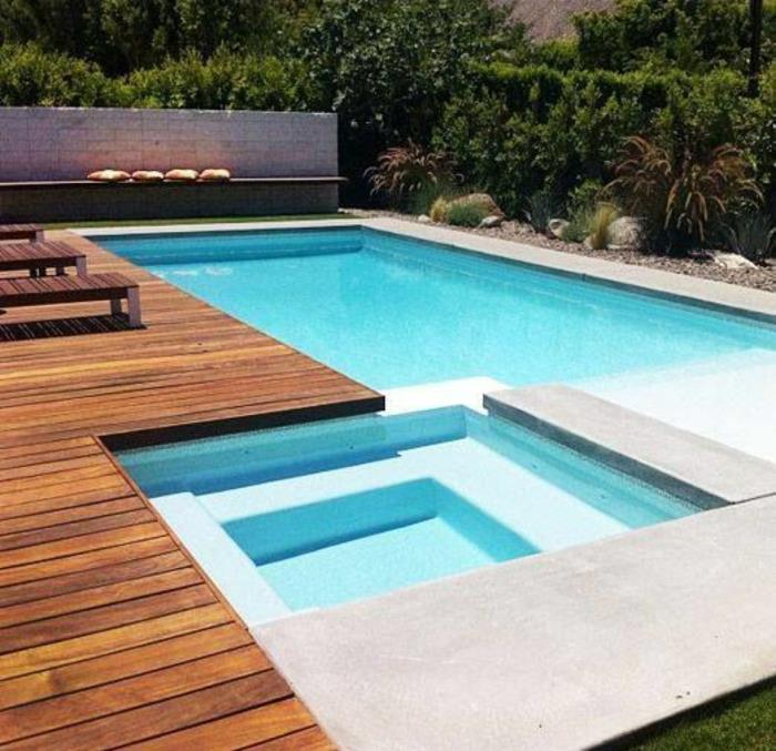 skapa en poolomringning i trä och betong, elegant geometrisk pool