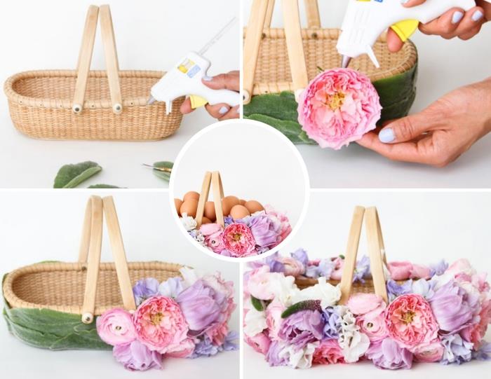 enkel handledning för att dekorera en naturlig fiberkorg med konstgjorda blommor, till exempel personlig korg för påskdagen
