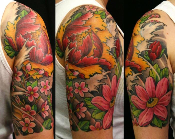 pivonky a ružové kvety, tetovanie kvetinovým vzorom pre mužov, zázračný dizajn tetovania
