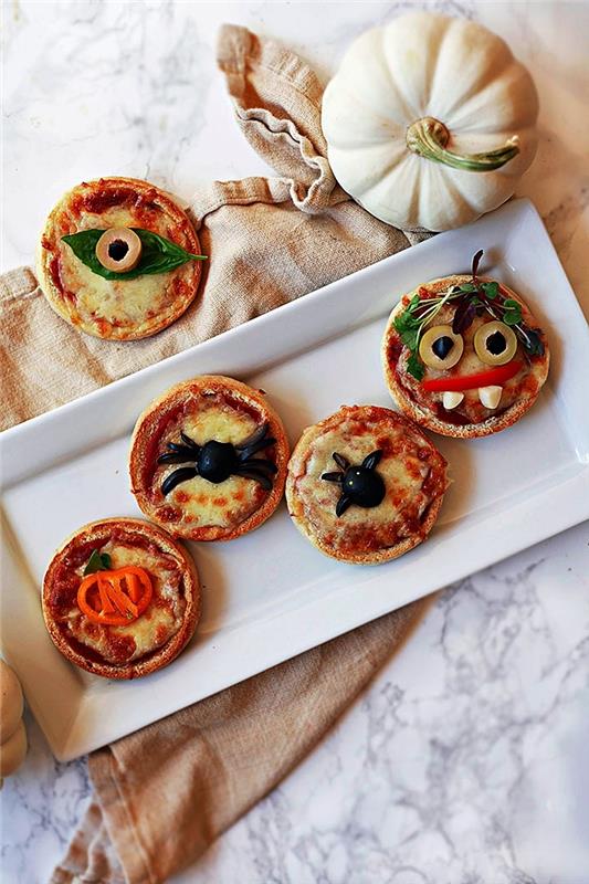 rýchly nápad na predjedlo pre mini-pizzu halloween apero, pavúka a halloweensku príšeru