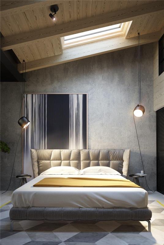 príklad farby s efektom betónu v mužskej spálni, sivej a drevenej dekorácii spálne s priemyselnými doplnkami