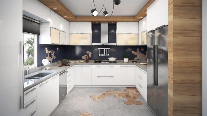 moderný model kuchyne v neutrálnych farbách a drevených akcentoch, príklad kuchyne v tvare U so skleneným dizajnovým nábytkom