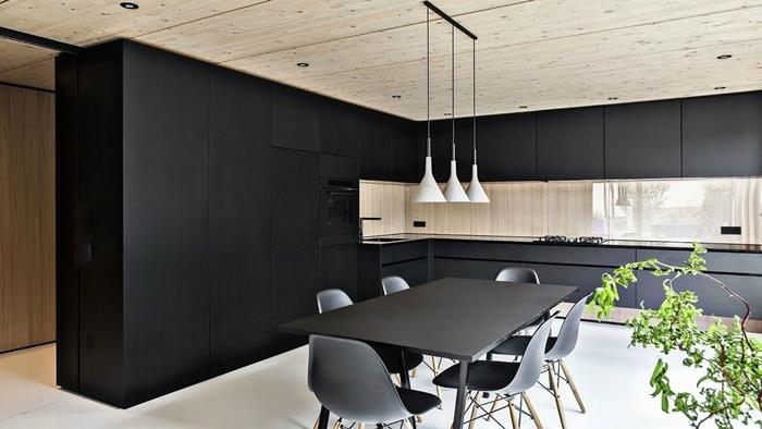 drevené stropné bodové svetlá led matné čierne skrinky osadená kuchyňa drevo matná čierna jedálenský stôl zelené rastliny