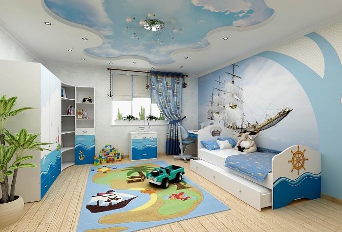 model spálne pre chlapcov so zaveseným stropom v nebeskom prevedení a stenou s tapetou trompe l'oeil v lodnom prevedení