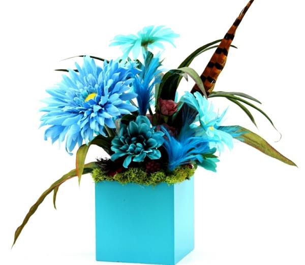 نباتات صناعية-مزهرية-زرقاء-زهور صناعية-زرقاء