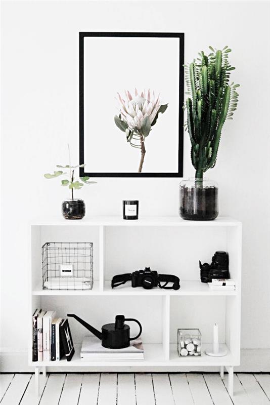 minimalistický nápad na zdobenie farbou na stenu a bielym nábytkom zdobeným čiernymi predmetmi, predsieňová úložná skrinka