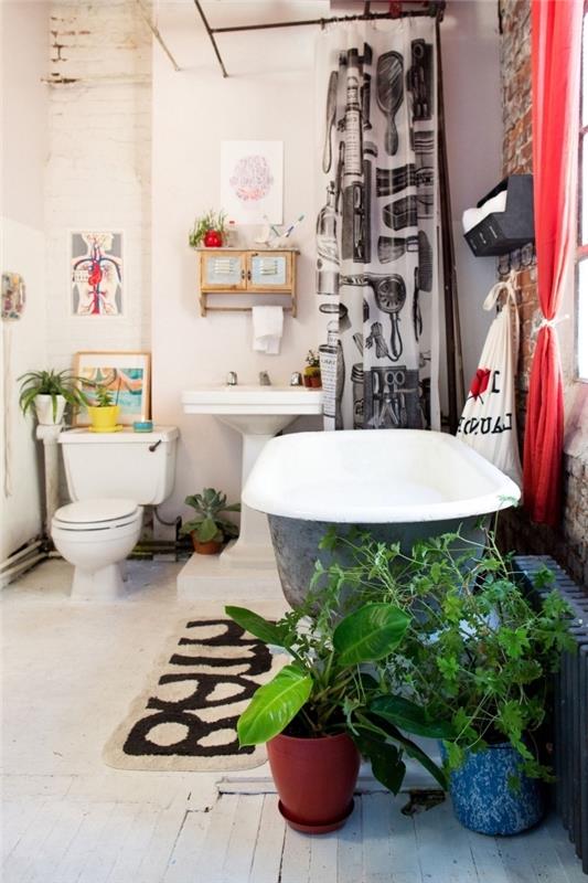 príklad, ako prerobiť svoju toaletu za nízky rozpočet, toaletná dekorácia farebnými predmetmi a zelenými rastlinami