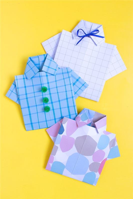 mallfestkort i form av en skjorta, hur man viker kartong som skjorta med fjäril- eller pom pom -knappar