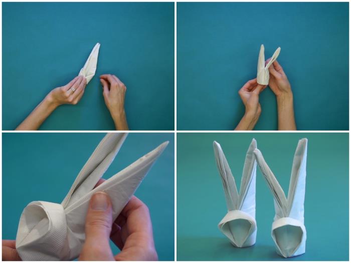 lätt DIY för att göra en vacker påskdekoration, hur man viker pappersservetter i form av små påskkaniner