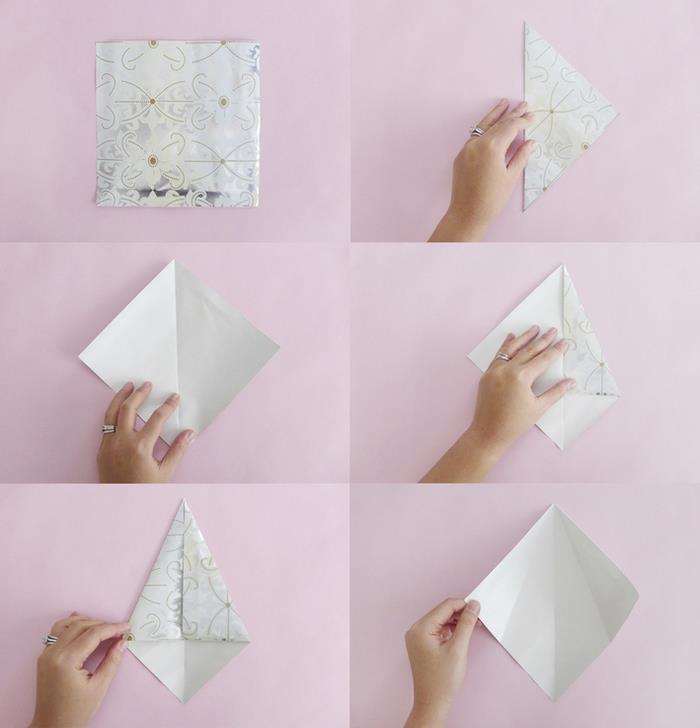 origami skladanie papierovej hviezdy s tlačeným vzorom, ako vyrobiť peknú vianočnú girlandu z origami