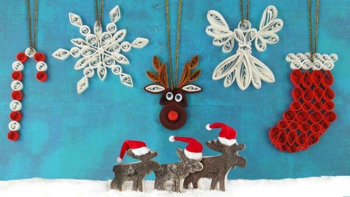 Vianočná dekorácia z quillingového papiera, jeleňa, ponožky, snehovej vločky, anjela a lízanky
