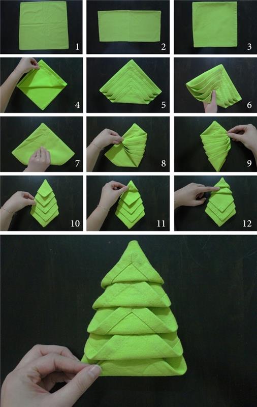 kroky, ktoré je potrebné vykonať, aby sa skladanie zeleného látkového obrúska v tvare vianočného stromčeka stalo kreatívnym koníčkom na vianočnom večierku