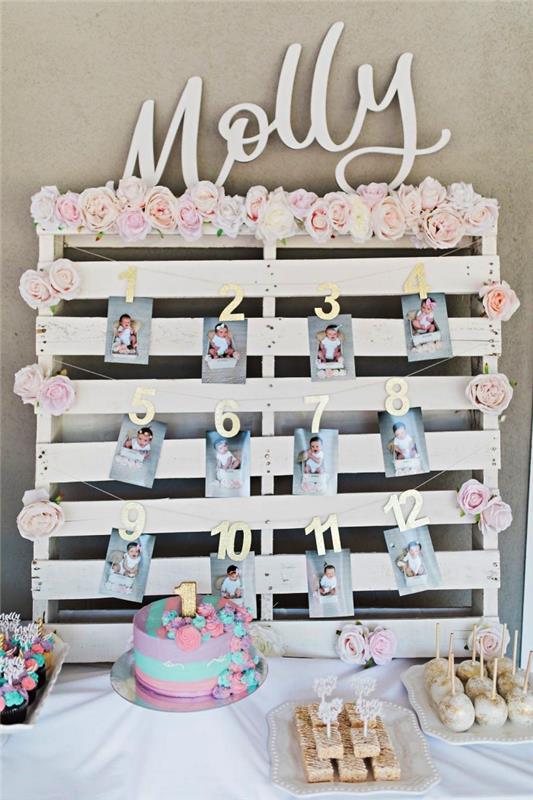 Fotohållare i återvunnen pall dekorerad med små rosor placerade som bakgrund för födelsedagsgodisbaren, tjejfödelsedagsdekorationsidé i pastellfärger
