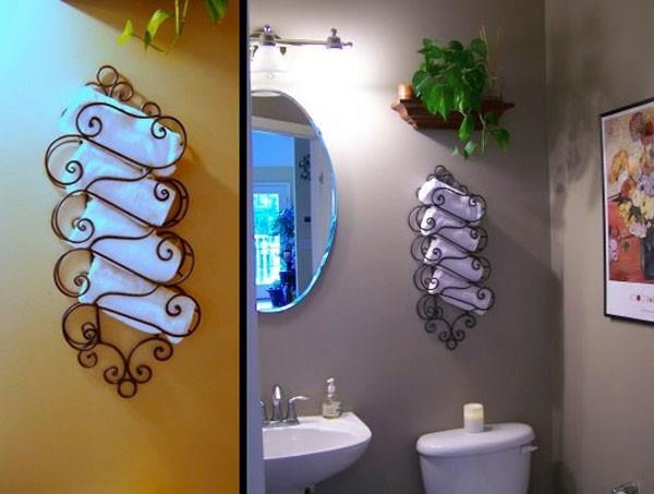 badrum-handduksställ-smidesjärn-väggmonterad-och-vit-handdukshållare