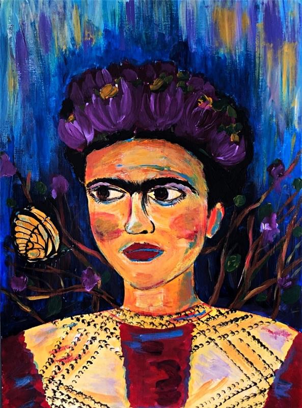 porträtt av frida kahlo i akryl, konstnärlig måleri mångfärgat porträtt i akryl av frida kahlo