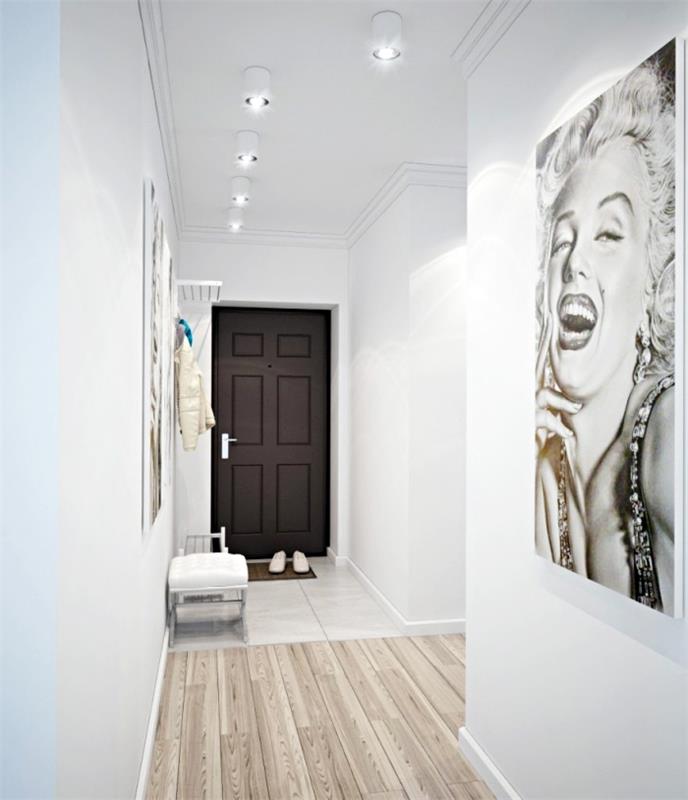 myšlienka maľby chodby a chodby v bielej farbe s drevenými parketami a stropnou výzdobou ohraničujúcou omietku