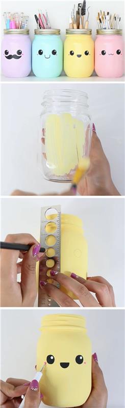 nápad, ako si vyrobiť DIY nádobu na ceruzku zo sklenenej nádoby, prefarbenú a ozdobenú kresbu snehuliaka, geniálny nápad pre domácich majstrov, manuálna aktivita