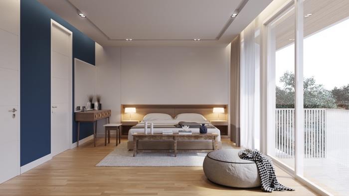 komplett modell för vuxen sovrum med stor träsäng och vita möbler utan handtag, vitt undertak med ledbelysning