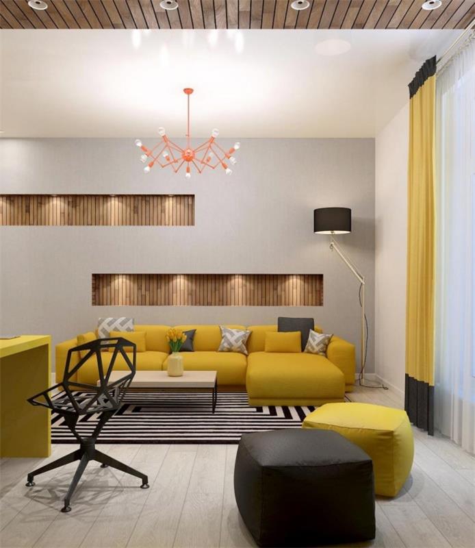 príklad modernej šedej výzdoby obývačky, nápad na uloženie na stenu s drevenými výklenkami a led osvetlením, koralový luster