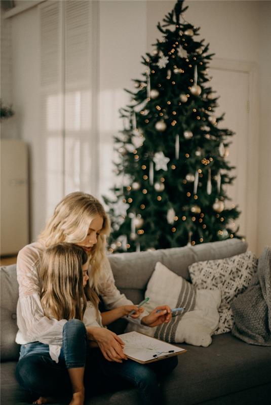 príklad vianočného stromčeka vyzdobeného v bielej a zlatej farbe, nápad na rodinnú fotografiu na Vianoce, matka a dcéra na sivej pohovke v bielej obývačke