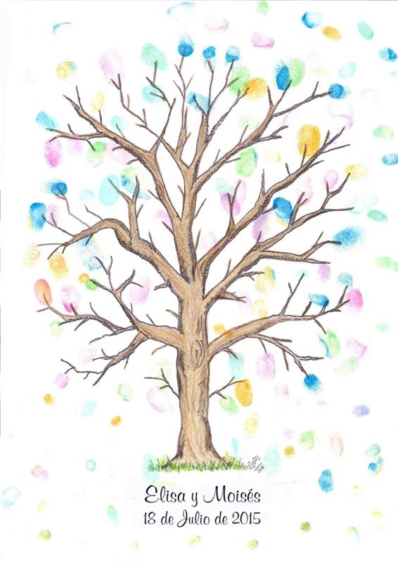 شجرة ذات طبعات ملونة بألوان مختلفة مع علامة بأسماء العروسين وتاريخ زفافهم
