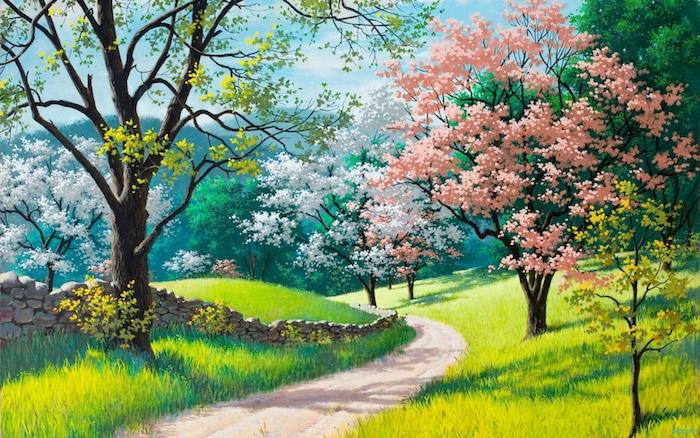 Vårlandskap ritning enkel och mycket vacker idé, rita ett färgstarkt landskap med blommande träd