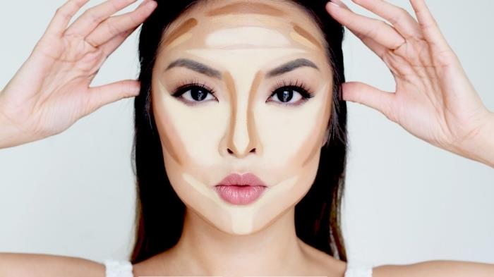 kontúrovací make -up, nakreslite zvýraznené kontúry a tmavé čiary na tvár podľa tvaru, žena s tmavými očami a nahými perami