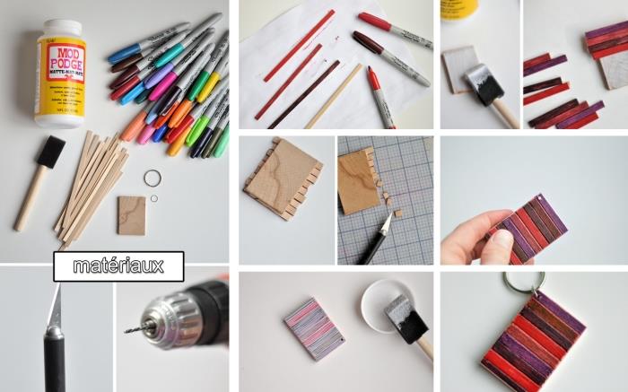 DIY lätt pappas dag, steg för att göra en nyckelring med träbit dekorerad med färgglada träpinnar