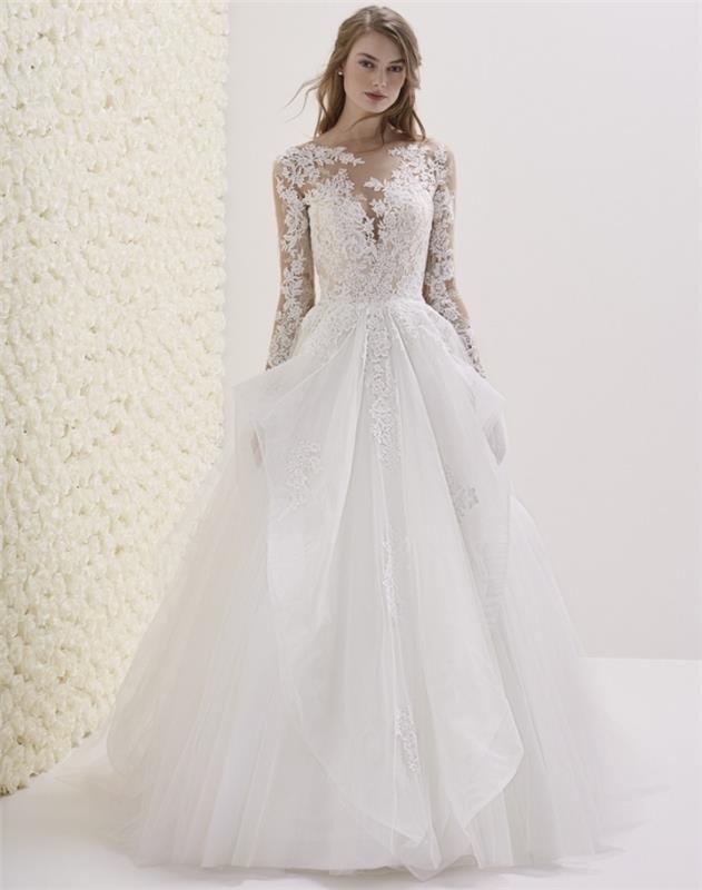 bridal couture 2019 trend, vit klänningsmodell i prinsesskjol med illusion halsringning och blommig spets