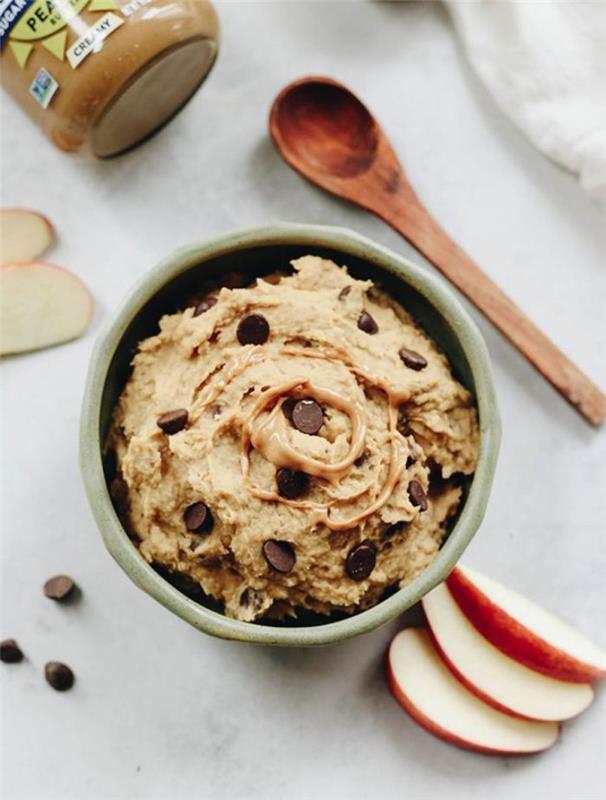 no-bake ätlig kakdegsreceptidé med kikärter och jordnötssmör med chokladflis