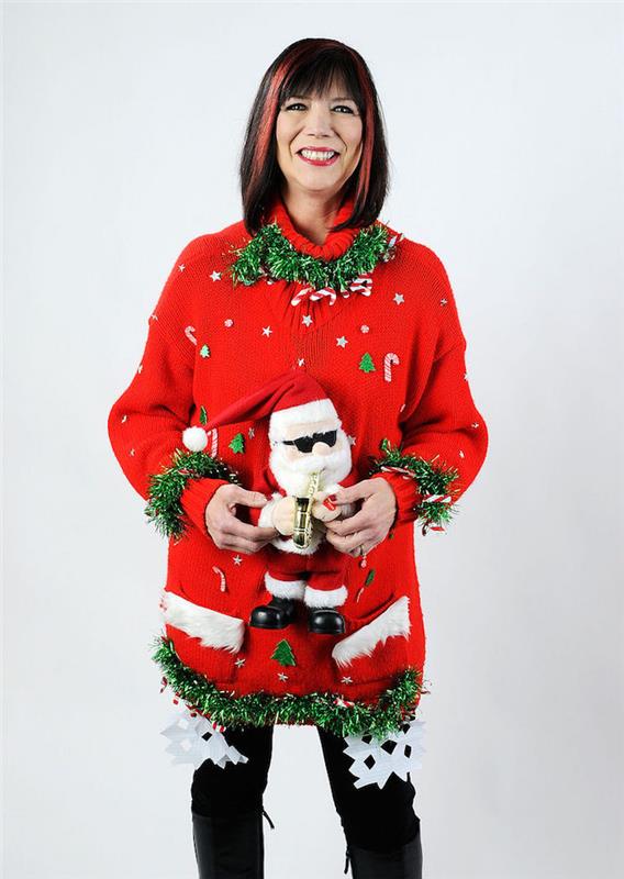 dámsky vianočný outfit mochet a gýčový kostým sveter typu s ušitým santa clausovým plyšom a zelenou girlandou