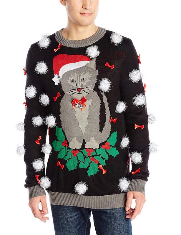 Pánsky vianočný gýčový sveter s kresbou mačky so Santovým klobúkom a vyšívanými snehovými guličkami