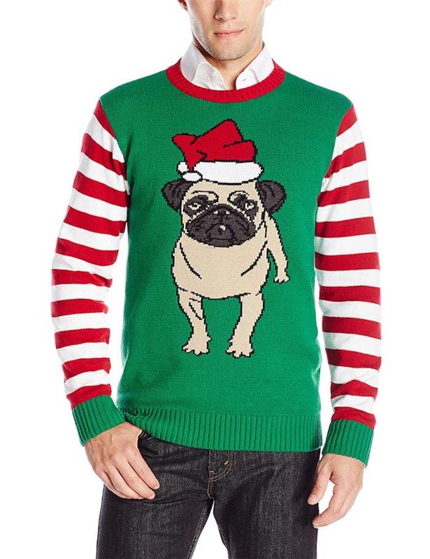 zelený vianočný sveter s červeno bielymi pruhovanými rukávmi a psím vzorom so santa klobúkom