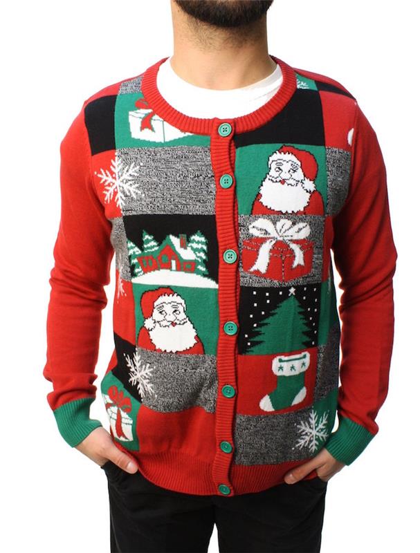 škaredý vianočný sveter pre mužov s červeným vzorom Mikuláša a symbolmi Silvestra