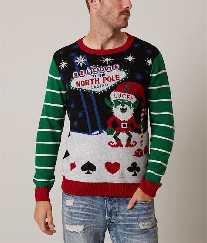 škaredý sveter vianočného muža s humorným kresleným kasínom severného pólu