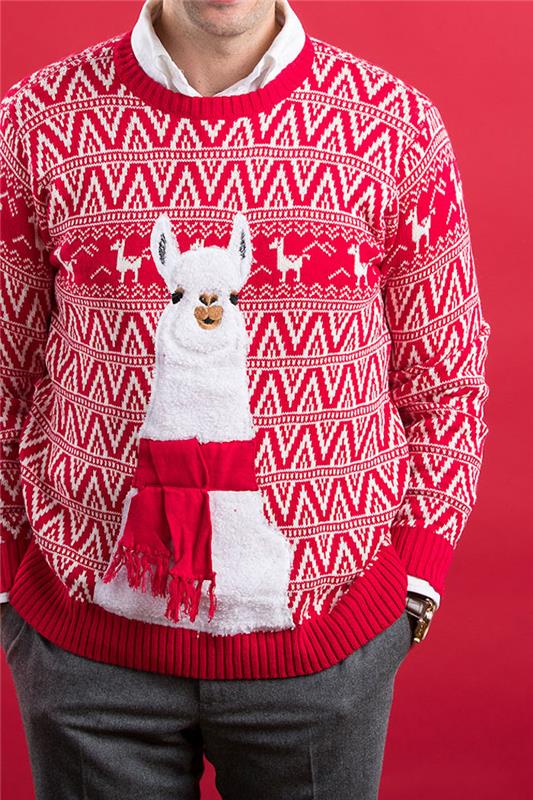 škaredý a gýčovo červený vianočný sveter s originálnou výšivkou peruánskej lamy