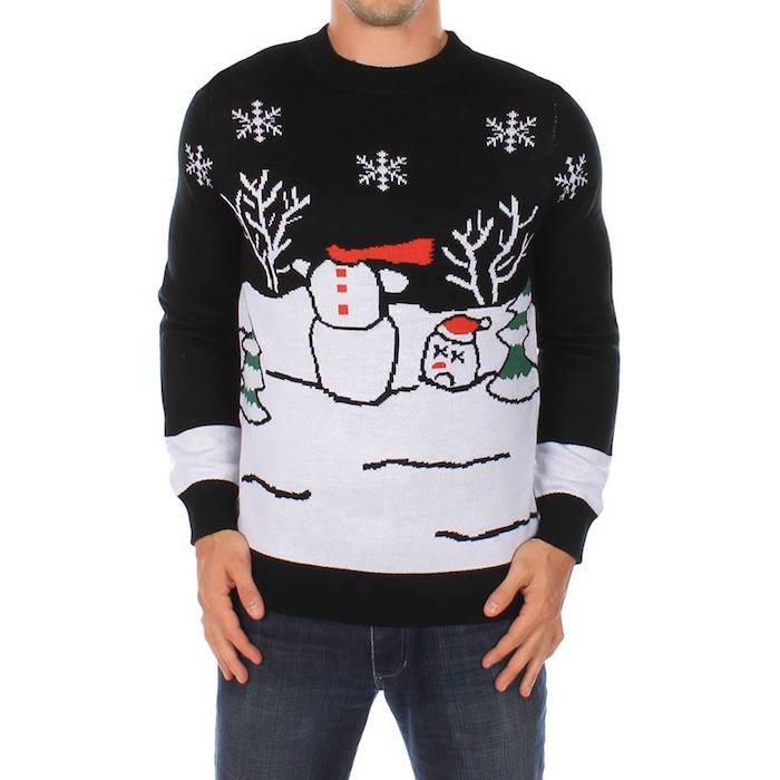 zábavný čiernobiely škaredý vianočný sveter s dizajnom snehuliaka bez hlavy