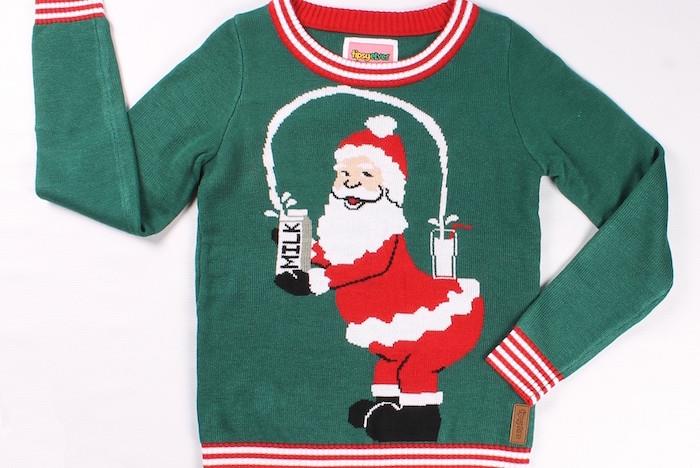škaredý zelený vianočný sveter s kresbou Mikuláša hrajúceho sa s fľašou mlieka
